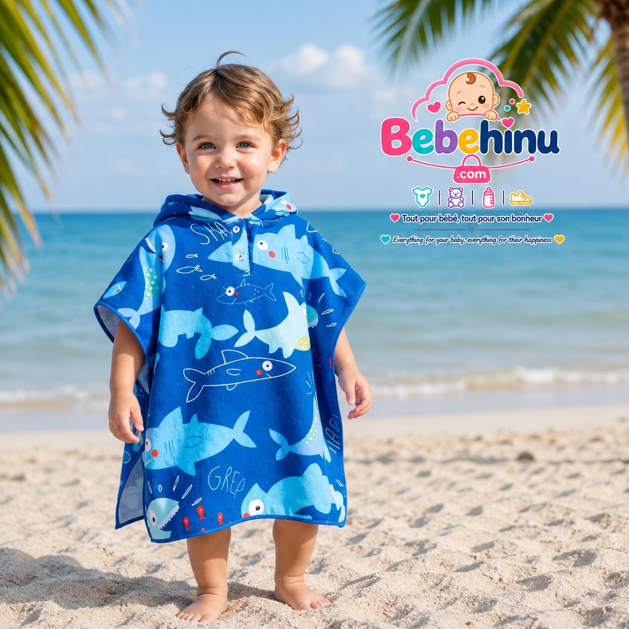 Kids Ocean Print Beach Poncho – Shark & Fish Design
